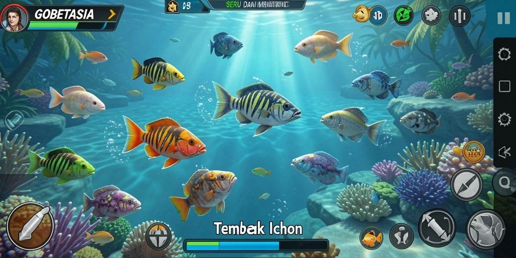 Screenshot gameplay GOBETASIA dengan ikan yang menyenangkan.
